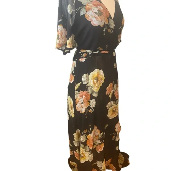 Luxology Black Floral Wrap Maxi Dress with Peach & Yellow Blooms - Picture 6 of 6